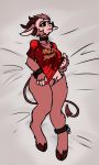  anthro blush bovid breasts caprine chain clothed clothing demon female fur goat hi_res hijackerdraws_(artist) horn hybrid mammal open_mouth partially_clothed red_body red_fur simple_background solo yellow_eyes 