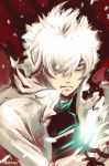  1boy artist_name close-up dido_(super_robot_wars_dd) glowing glowing_hand hair_over_one_eye hgoyan jacket looking_to_the_side red_eyes solo super_robot_wars super_robot_wars_dd white_hair white_jacket 