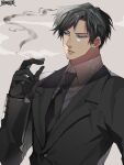  1boy black_gloves black_hair black_necktie black_suit blue_eyes brown_background cigarette copyright_name dairoku_ryouhei dark-skinned_male dark_skin gloves holding holding_cigarette long_sleeves male_focus necktie sarada_pbw sato_mitsuru short_hair smoking solo suit upper_body 