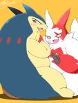  3:4 anthro artist_name barefoot belly biped blue_body blue_fur blush bodily_fluids claws cosith cute_fangs duo embarrassed feet fur fur_markings generation_2_pokemon generation_3_pokemon hi_res looking_away markings nintendo open_mouth overweight overweight_anthro pokemon pokemon_(species) red_body red_eyes red_fur semi-anthro shadow signature simple_background sitting sweat tan_body tan_fur teeth typhlosion white_body white_fur yellow_background zangoose 
