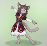 absurd_res anthro blush clothed clothing dancing domestic_cat felid feline felis female halkiart hi_res kemono looking_at_viewer mammal simple_background solo tail