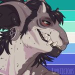 1:1 anthro artist_name black_hair bust_portrait ear_piercing fangs fur gauged_ear grey_body grey_fur grey_horn grey_sclera grin hair horn lgbt_pride looking_at_viewer male narrowed_eyes piercing portrait pride_color_background pride_colors rayliicious simple_background smile solo teeth white_body white_fur