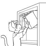 2024 anthro black-kitten black-kitten_(character) bookshelf clothed clothing digital_media_(artwork) felid feline fur furniture hair holding_object male mammal monochrome shelf solo tail text