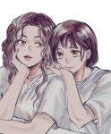  2girls akagi_haruko arms_on_another&#039;s_shoulder ayako_(slam_dunk) brown_eyes brown_hair close-up curly_hair hair_behind_ear hand_on_own_cheek hand_on_own_face long_hair looking_at_viewer multiple_girls shirt short_hair short_sleeves simple_background slam_dunk_(series) smile uofang_(manbow) upper_body white_background white_shirt 