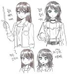  2girls akni bang_dream! bang_dream!_it&#039;s_mygo!!!!! brown_hair choker closed_mouth commentary_request drumsticks greyscale holding holding_drumsticks jacket korean_commentary korean_text long_hair long_sleeves mole mole_under_eye monochrome multiple_girls open_clothes open_jacket open_shirt parted_lips purple_eyes shiina_taki spot_color translation_request yahata_umiri 