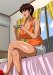  1girl air_conditioner bangs bare_shoulders bed bedroom belt blue_sky breasts brown_belt brown_eyes brown_hair cleavage collared_shirt commentary_request controller crossed_legs curtains game_controller grey_shorts hair_between_eyes hozumi_kenji indoors large_breasts open_mouth orange_shirt original pillow shirt short_hair shorts sitting sky sleeveless sleeveless_shirt sweatdrop tan window 