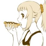  1girl bangs bare_shoulders breasts collarbone gundam gundam_build_fighters gundam_build_fighters_try hoshino_fumina hot_dog looking_at_viewer medium_hair monochrome open_mouth ponytail scrunchie sidelocks simple_background solo ueyama_michirou white_background 