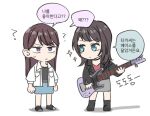  2girls ? akni bang_dream! bang_dream!_it&#039;s_mygo!!!!! black_footwear black_hair black_jacket black_shirt blue_eyes blue_skirt brown_hair closed_mouth collared_shirt commentary_request electric_guitar grey_skirt guitar holding holding_guitar holding_instrument instrument jacket korean_commentary korean_text long_hair looking_at_another mole mole_under_eye multiple_girls open_clothes open_jacket open_shirt purple_eyes red_shirt shiina_taki shirt simple_background skirt sparkle speech_bubble sweatdrop translation_request white_background white_shirt yahata_umiri 