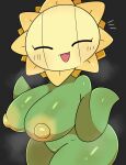 absurd_res anthro areola big_breasts black_background blush blush_lines breasts ebi10000000000 eyes_closed female fog generation_2_pokemon green_body hi_res looking_at_viewer nintendo nipples nude open_mouth pokemon pokemon_(species) portrait puffy_nipples simple_background smile solo sunflora three-quarter_portrait yellow_areola