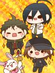  3boys ahoge angel_wings baseball_cap black_eyes black_hair black_hat black_jacket black_pants black_sleeves blazer blush_stickers bow brooch brown_hair buttons chibi coattails collared_jacket collared_shirt cosplay costume_switch crest danganronpa:_trigger_happy_havoc danganronpa_(series) danganronpa_2:_goodbye_despair danganronpa_v3:_killing_harmony denim double-breasted eyelashes floral_background full_body furrowed_brow green_jacket green_necktie hair_between_eyes hand_on_own_chin hands_in_pockets hat heart high_collar hinata_hajime holding holding_staff hood hood_down hooded_jacket jacket jeans jewelry layered_sleeves light_blush male_focus multiple_boys naegi_makoto necktie nervous_smile nervous_sweating open_clothes open_jacket pants pink_bow pinstripe_jacket pinstripe_pants pinstripe_pattern pocket rabbit raised_eyebrows red_footwear saihara_shuichi shirt shoes short_hair short_sleeves simple_background smile sneakers solid_circle_eyes solid_oval_eyes sparkle staff sweat sweatdrop usami_(danganronpa) v-shaped_eyebrows vertical-striped_sleeves white_shirt white_sleeves wings yellow_background yumaru_(marumarumaru) zipper zipper_pull_tab 