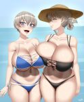  2girls bikini blue_eyes blush breasts cleavage closed_eyes fang grey_hair hat highres huge_breasts meme mom_and_her_daughter_(meme) mother_and_daughter multiple_girls navel short_hair simple_background string_bikini sun_hat swimsuit thighs twrlare uzaki-chan_wa_asobitai! uzaki_hana uzaki_tsuki 