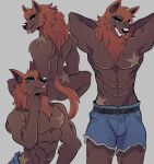  2022 5_fingers adult_(lore) anthro belt billie blue_bottomwear blue_clothing blue_shorts bottomwear brown_body butt canid canine canis chest_tattoo clothing fingers front_view fur green_eyes hi_res male mammal muscular orange_body orange_fur pose presenting presenting_hindquarters rear_view shirtless_male shorts simple_background smile smirk solo tail tattoo teeth tuft voicelessfreak wolf 