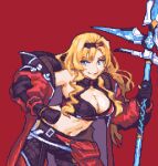  1girl bent_over blonde_hair blue_hair breasts cleavage cowboy_shot glaceo gloves granblue_fantasy hand_on_own_hip holding holding_polearm holding_weapon large_breasts long_hair looking_at_viewer midriff navel official_alternate_costume polearm red_background simple_background single_off_shoulder smile solo spear sprite_art v-shaped_eyebrows weapon zeta_(granblue_fantasy) zeta_(grand)_(granblue_fantasy) 