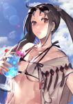  1girl bangs bare_shoulders bikini blush breasts brown_eyes brown_hair cleavage closed_mouth cloud collarbone consort_yu_(fate) cup earrings eyewear_on_head fate/grand_order fate_(series) grey_eyes hair_ornament highres holding holding_cup jewelry long_hair looking_at_viewer medium_breasts multiple_earrings open_clothes open_eyes peperon_(peperou) robe sky sunglasses sweat sweatdrop swimsuit twintails very_long_hair white_bikini yu_miaoyi_(swimsuit_lancer) 