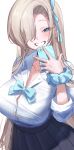  1girl absurdres asuna_(blue_archive) blue_archive blue_bow blue_bowtie blue_eyes blue_ribbon blue_skirt blush bow bowtie breasts button_gap byou_(vfyk8337) collarbone commentary_request hair_over_one_eye hair_ribbon highres holding holding_phone large_breasts light_brown_hair long_sleeves looking_at_viewer phone pleated_skirt ribbon school_uniform scrunchie shirt shirt_tucked_in simple_background skirt smile solo upper_body w white_background white_shirt wrist_scrunchie 