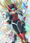  1girl 2boys absurdres aiming aiming_at_viewer arm_cannon armor black_eyes blonde_hair blue_helmet boots ciel_(mega_man) closed_eyes copy_x_(mega_man) energy_gun feet_out_of_frame forehead_jewel gun highres holding holding_gun holding_weapon kakikuyeko3181 long_hair male_focus mega_man_(series) mega_man_zero_(series) multiple_boys red_armor red_eyes red_footwear red_helmet weapon white_armor zero(z)_(mega_man) zero_(mega_man) 