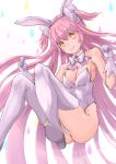  1girl adapted_costume animal_ears bow bowtie breasts bunny_ears bunny_tail bunnysuit commentary_request detached_collar gloves hair_ribbon highres leotard long_hair looking_at_viewer magia_record:_mahou_shoujo_madoka_magica_gaiden mahou_shoujo_madoka_magica mahou_shoujo_madoka_magica_movie nanakamado pink_hair ribbon small_breasts smile solo strapless strapless_leotard tail thighhighs two_side_up ultimate_madoka white_gloves white_legwear white_leotard white_neckwear yellow_eyes 