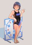  1girl absurdres anchor_symbol arare_(kantai_collection) barefoot black_hair black_swimsuit brown_eyes clock commentary_request full_body grey_background hieda_(hiedanoaqn) highres kantai_collection looking_at_viewer name_tag school_uniform short_hair simple_background solo standing swimsuit tongue tongue_out v 