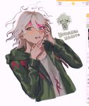  1boy :d amam0_0iii blood blood_on_face blush brown_eyes character_name collarbone danganronpa_(series) danganronpa_2:_goodbye_despair green_jacket grey_hair grey_shirt highres hood hood_down jacket komaeda_nagito long_sleeves male_focus medium_hair multiple_views open_clothes open_jacket pink_blood print_shirt shirt simple_background smile teeth 