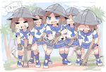  &gt;_&lt; 5girls blue_footwear blue_sailor_collar blue_skirt blue_sky blue_socks brown_gloves brown_hair closed_eyes cloud commentary_request crossbow day faceless faceless_female gloves grey_helmet helmet holding holding_crossbow holding_weapon kneehighs multiple_girls open_mouth original parted_bangs pleated_skirt sailor_collar school_uniform serafuku shaded_face shadow shirt shoes short_sleeves silver_bell skirt sky socks standing translation_request tree trembling v-shaped_eyebrows weapon white_shirt 