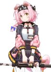  1girl animal_ears arknights black_bow black_collar black_hairband black_skirt blue_bow bow bracelet braid breasts cat_ears cat_girl cat_tail collar commentary_request contrapposto garter_straps goldenglow_(arknights) grey_jacket hair_between_eyes hair_bow hair_ornament hairband hairclip head_tilt high-waist_skirt holding holding_staff id_card jacket jewelry lightning_bolt_print long_hair looking_at_viewer miniskirt multicolored_clothes multicolored_jacket open_clothes open_jacket pink_hair pink_jacket pleated_skirt pocket print_bow print_hairband puffy_sleeves shirt side_braid simple_background single_braid skirt sleeves_past_elbows solo staff tail thighhighs twitter_username wavy_mouth white_background white_shirt white_thighhighs yellow_eyes youdie 
