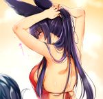  1girl animal_ears arms_up back bangs bare_shoulders black_hair blush breasts commentary_request erune eyebrows_visible_through_hair fox_ears fox_tail granblue_fantasy large_breasts long_hair mitsugi ponytail red_eyes shoulder_blades sideboob solo tail tying_hair upper_body very_long_hair wet yuel_(granblue_fantasy) 