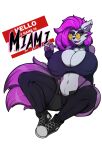 anthro big_breasts bottomwear breasts canid canine clothing english_text eyewear female footwear fox glasses hair hi_res mammal pants purple_body purple_hair shirt shoes solo tail text topwear yellow_eyes zak_hitsuji