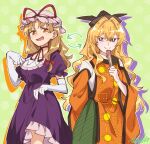  2girls alternate_costume blonde_hair cosplay dress elbow_gloves frilled_dress frills gloves green_background hand_fan hat highres holding holding_fan lifted_by_self long_hair matara_okina matara_okina_(cosplay) mob_cap multiple_girls orange_sleeves puffy_short_sleeves puffy_sleeves purple_dress shikido_(khf) short_sleeves touhou wavy_hair white_gloves white_hat wide_sleeves yakumo_yukari yakumo_yukari_(cosplay) 