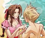  1boy 1girl absurdres aerith_gainsborough aerith_gainsborough_(floral_delight) beach blonde_hair braid braided_ponytail breasts brown_hair cleavage cloud_strife cloud_strife_(wild_surf) crop_top final_fantasy final_fantasy_vii final_fantasy_vii_rebirth final_fantasy_vii_remake flower frilled_sleeves frills green_eyes hair_flower hair_ornament hair_ribbon hand_on_own_hip highres james_diato long_hair medium_breasts midriff ocean official_alternate_costume parted_bangs parted_lips pink_flower pink_ribbon pink_shirt pointing red_skirt ribbon sand shirt short_hair short_sleeves sidelocks signature single_braid skirt smile spiked_hair topless_male twitter_username upper_body wavy_hair 