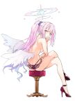  1girl angel_wings ass bar_stool blue_archive crossed_legs from_behind gradient_hair hair_ornament hair_scrunchie halo head_on_hand high_heels high_ponytail highres kurokuro lingerie long_bangs long_hair looking_at_viewer low_wings mika_(blue_archive) multicolored_hair no_bra pink_hair purple_scrunchie red_footwear scrunchie sidelocks simple_background sitting solo stool topless underwear white_background wings yellow_eyes 