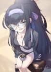  1girl bags_under_eyes bikini black_bikini black_cardigan black_hair blue_archive blue_hairband blush breasts cardigan commentary_request cup eyewear_strap hair_between_eyes hairband highres holding holding_cup ice long_hair looking_at_viewer mug naochi_(bobi8081) o-ring o-ring_bottom official_alternate_costume on_suitcase open_cardigan open_clothes open_mouth ponytail round_eyewear sandals sitting small_breasts solo suitcase sweat swimsuit twitter_username ui_(blue_archive) ui_(swimsuit)_(blue_archive) very_long_hair wavy_mouth yellow-framed_eyewear 