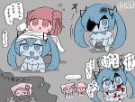  3girls animal_hood applying_bandages bandaged_head bandages bandaid blanket blood blood_on_clothes blood_on_face blue_dress blue_hair bow bowtie commentary_request crying crying_with_eyes_open curse_neurosis_(vocaloid) deformed dress hairpods hatsune_miku highres holding holding_rock hood jacket long_hair looking_at_viewer multiple_girls partially_colored partially_shaded_face pepoyo pink_eyes poyoroid red_hair rock scratches shaded_face shadow short_hair signature simple_background smile sweat sweatdrop tears thought_bubble translation_request twintails under_covers utau vocaloid vy1 |_| 
