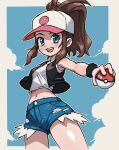  1girl :d absurdres baseball_cap beachepisode black_vest black_wristband blue_eyes blue_shorts brown_hair commentary day exposed_pocket happy hat high_ponytail highres hilda_(pokemon) holding holding_poke_ball looking_at_viewer midriff navel open_clothes open_mouth open_vest outdoors outline poke_ball poke_ball_(basic) pokemon pokemon_bw shirt short_shorts shorts sidelocks sky sleeveless sleeveless_shirt smile solo teeth upper_teeth_only vest white_hat white_shirt 