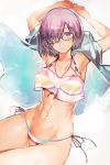  1girl absurdres armpits arms_up bare_shoulders bikini blush breasts cleavage collarbone crop_top crop_top_overhang fate/grand_order fate_(series) glasses hair_over_one_eye highres large_breasts lavender_hair looking_at_viewer mash_kyrielight navel nishiide_kengorou open_clothes open_mouth purple_eyes rainbow_bikini sheer_clothes short_hair short_sleeves simple_background swimsuit swimsuit_of_perpetual_summer_ver.02 thighs white_background 
