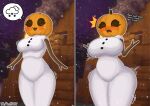 2024 anthro big_breasts breast_expansion breasts curvy_figure expansion female flustered food for_a_head fruit hail happy hi_res jack-o&#039;-lantern microsoft minecraft mojang object_head open_mouth outside plant pumpkin pumpkin_head smile snow snow_golem snowman snowstorm solo standing tepes101 thick_thighs thigh_expansion white_body wide_hips xbox_game_studios