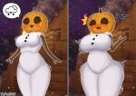  2024 anthro big_breasts breast_expansion breasts curvy_figure expansion female flustered food for_a_head fruit hail happy hi_res jack-o&#039;-lantern microsoft minecraft mojang object_head open_mouth outside plant pumpkin pumpkin_head smile snow snow_golem snowman snowstorm solo standing tepes101 thick_thighs thigh_expansion white_body wide_hips xbox_game_studios 