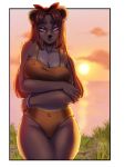  anthro arms_under_breasts black_nose bracelet breasts brown_hair day detailed_background female hair hi_res jewelry long_hair mammal outside rayley ribbons sky solo standing sun thick_thighs two_piece_swimsuit unusual_pupils ursid 