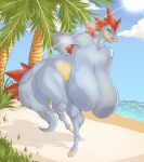 absurd_res anthro areola beach bent_over big_breasts blue_areola blue_body blue_nipples breasts claws dullvivid female feraligatr generation_2_pokemon hanging_breasts hi_res huge_breasts looking_at_viewer nintendo nipples nude open_mouth palm_tree plant pokemon pokemon_(species) red_eyes scales solo sun thick_thighs toe_claws tree