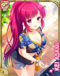  asami_kei bare_arms bare_legs blush breasts cleavage girlfriend_(kari) long_hair navel ponytail purple_eyes red_hair scrunchie shorts 