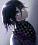  1boy absurdres black_hair blood blood_on_clothes checkered_clothes checkered_scarf danganronpa_(series) danganronpa_v3:_killing_harmony gradient_background hair_between_eyes helena_(user_xepd3824) highres jacket long_sleeves looking_up male_focus multicolored_hair oma_kokichi pink_blood purple_eyes purple_hair scarf solo two-tone_hair upper_body wavy_mouth 