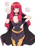  1girl belt black_cape bodysuit breasts bunojisan_fe cape choker clothing_cutout facial_mark fire_emblem fire_emblem_engage gold_belt hair_ornament large_breasts multicolored_cape multicolored_clothes pink_choker purple_bodysuit side_cutout solo speech_bubble star_(symbol) star_facial_mark star_hair_ornament translation_request two-tone_cape yellow_belt yunaka_(fire_emblem) 