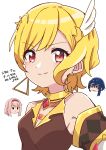  1boy 2girls absurdres alcryst_(fire_emblem) ao_(flowerclasse) asymmetrical_hair blonde_hair blue_hair brown_dress citrinne_(fire_emblem) dress earrings feather_hair_ornament feathers fire_emblem fire_emblem_engage gold_choker gold_trim grey_hairband hair_ornament hairband hairclip highres hoop_earrings jewelry lapis_(fire_emblem) looking_at_viewer mismatched_earrings multiple_girls red_eyes red_hairband ribbon smile solo_focus two-tone_hairband white_ribbon wing_hair_ornament 
