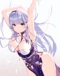  1girl armpits arms_up azur_lane bangs bare_shoulders black_hairband blunt_bangs blush breasts cleavage closed_mouth collarbone dido_(anxious_bisque_doll)_(azur_lane) dido_(azur_lane) dress dutch_angle eyebrows_visible_through_hair from_above gradient gradient_background grey_background hairband halter_dress highres large_breasts long_hair looking_at_viewer looking_up pelvic_curtain purple_dress purple_eyes silver_hair sleeveless sleeveless_dress smile solo temir thighs very_long_hair 