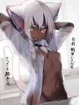  absurd_res anthro biped blurred_background blush bottomless braided_hair breasts brown_body brown_fur chest_tuft clothed clothing dialogue domestic_cat felid feline felis female fluffy fluffy_ears fur hair hands_behind_head hi_res inner_ear_fluff inside japanese_text kemono looking_at_viewer mammal midriff monotone_hair multicolored_body multicolored_fur navel no_underwear open_clothing open_shirt open_topwear pose shirt small_breasts solo standing tabhead text topwear translucent translucent_clothing translucent_shirt translucent_topwear tuft two_tone_body two_tone_fur white_body white_fur white_hair wide_hips yellow_eyes 