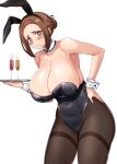  1girl alcohol animal_ears bare_shoulders black_leotard breasts bright_pupils brown_eyes brown_hair brown_pantyhose cleavage collarbone commentary_request cup detached_collar drinking_glass fake_animal_ears hand_on_own_hip hanging_breasts highres huge_breasts kaii_to_otome_to_kamigakushi leotard looking_at_viewer maki_ikazuya mole mole_under_eye ogawa_sumireko pantyhose playboy_bunny rabbit_ears solo white_pupils 
