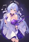  1girl absurdres aqua_eyes bare_shoulders breasts chinese_commentary choker cleavage commentary_request detached_sleeves dress foot_out_of_frame gloves hair_intakes head_wings highres honkai:_star_rail honkai_(series) large_breasts long_hair looking_at_viewer musical_note purple_choker purple_hair robin_(honkai:_star_rail) short_sleeves smile solo standing strapless strapless_dress very_long_hair white_dress white_gloves wings zhongwu_chahui 
