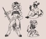  anthro armor black_body black_fur bovid breasts caprine clothed clothing female fluffy fluffy_tail fur goat group hair hijackerdraws_(artist) holding_object holding_weapon horn hyaenid kobold mammal melee_weapon multicolored_body multicolored_fur open_mouth open_smile partially_clothed scar smile sword two_tone_body two_tone_fur weapon 