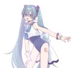  1girl :d absurdres aqua_hair bare_shoulders blue_eyes blue_necktie blue_sailor_collar blush_stickers body_writing cowboy_shot crop_top cropped_shirt hair_between_eyes hand_on_own_leg hatsune_miku highres leaning leaning_to_the_side long_hair looking_at_viewer necktie one-piece_swimsuit open_mouth outstretched_arm purple_one-piece_swimsuit rennrenn214 sailor_collar shirt short_necktie simple_background single_wrist_cuff sketch sleeveless sleeveless_shirt smile solo split_mouth standing swimsuit tie_clip twintails very_long_hair vocaloid white_background white_shirt wrist_cuffs 