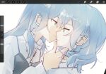  2girls art_program_in_frame blue_hair closed_mouth collared_shirt commentary copyright_request dutch_angle green_eyes hand_on_another&#039;s_chin highres imminent_kiss long_hair long_sleeves multiple_girls shirt simple_background toumeiii upper_body white_background white_shirt yuri 