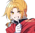  1boy ahoge blonde_hair braid braided_ponytail close-up coat edward_elric fullmetal_alchemist gloves hair_tie highres kasuga_kaya looking_at_viewer male_focus red_coat sidelocks simple_background smile solo upper_body white_background white_gloves white_hair yellow_eyes 